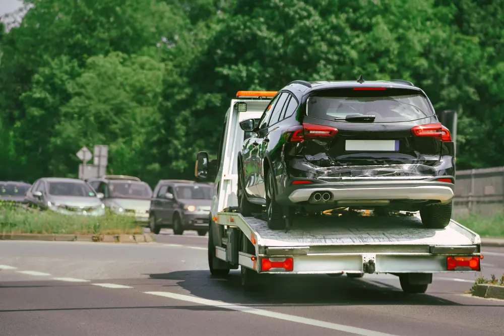 Car being towed by a roadside recovery truck
