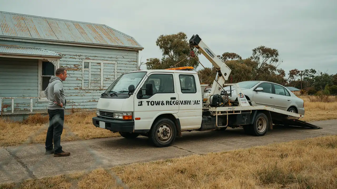 Tow truck loading a car outside an Eaglehawk home ready for cash-for-cars removal