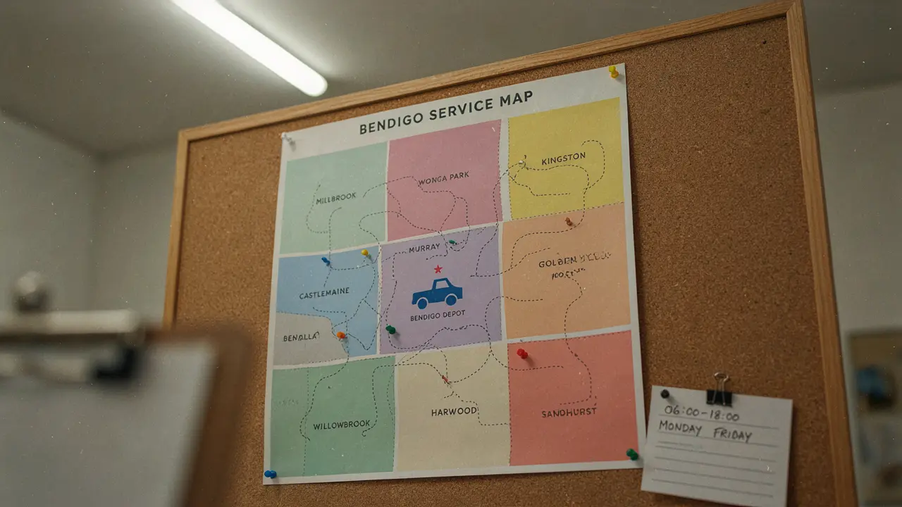 Map-style overview of Bendigo suburbs covered for towing and cash for cars