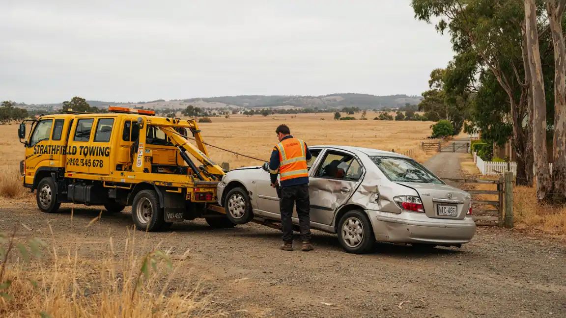 Tow truck collecting a car on a rural-residential property in Strathfieldsaye, Bendigo, local towing and cash for cars service
